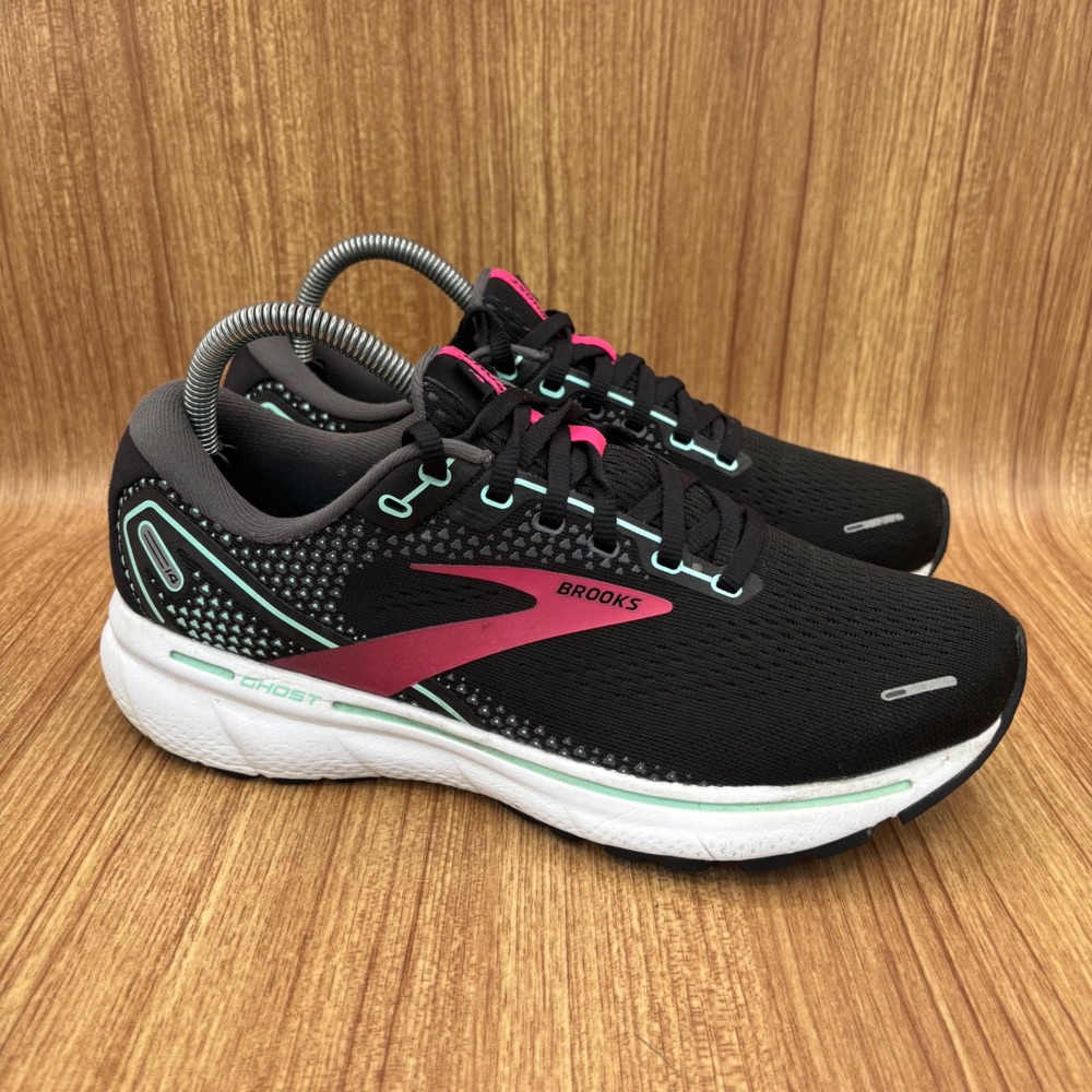 Brooks Ghost 14 Running Shoes Womens 8.5 Wide Black Pink Yucca 1203561D013